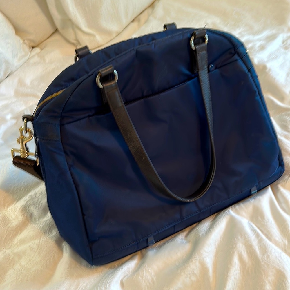 Lo&Sons OMG laptop work bag deep navy with brown leather handles and brown strap